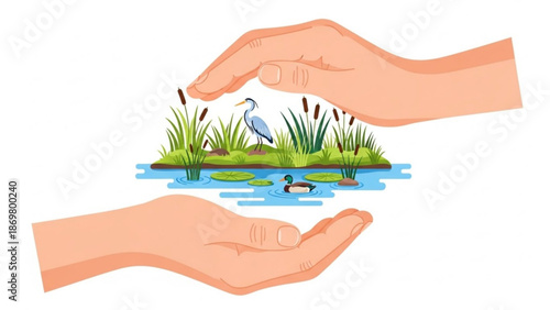 Hands cradling a serene wetland ecosystem with a heron and duck amidst lush vegetation and water lilies
