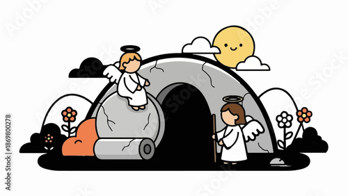 Two cartoon angels beside an open tomb with a stone rolled aside