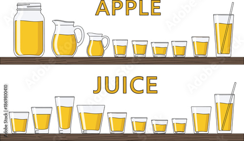 Apple juice container icon set, diverse glass jar pitcher bottle shapes, colorful vector illustration, beverage and packaging theme