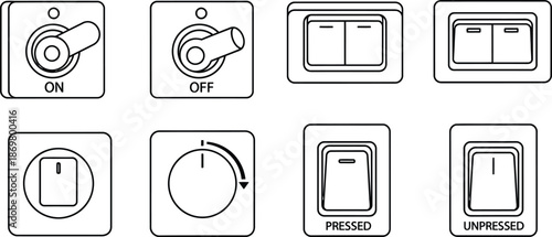 Outline illustration set of 6 light switch types toggle switch rocker switch dimmer dial and push button