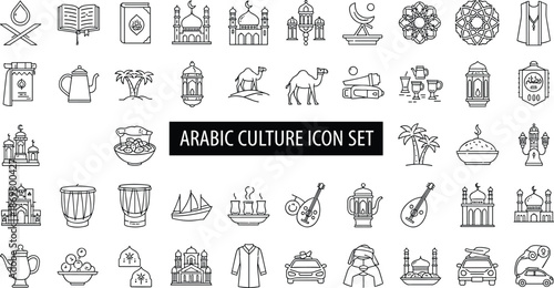 Arabic culture icon set, traditional food clothing architecture symbols, black and white line vector illustration, heritage and lifestyle theme