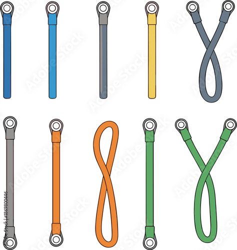 Cable sling icon set, looped wire configurations with metal eyelets, colorful vector illustration, industrial and rigging theme