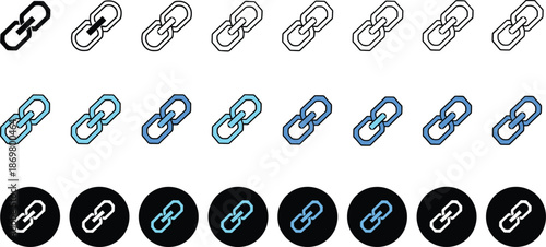 Chain link icon set, outline filled and button styles, UI symbol variations, flat vector illustration, web and design theme