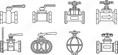 Outline illustration set of 6 plumbing valves ball valve gate valve check valve butterfly valve and globe valve