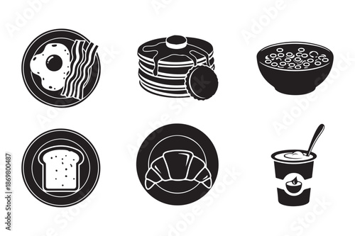 Breakfast Food Silhouette Icon Set with Pancakes and Eggs