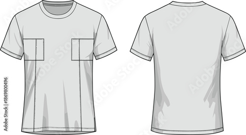 T-shirt sketch, chest pockets, curved hem, crew neckline, fashion flat, garment design, clothing template, apparel illustration, vector outline, casual style