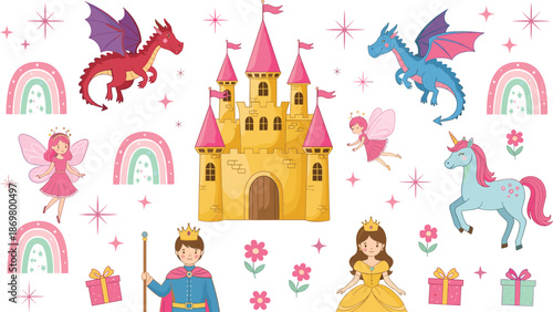 Fantasy fairy tale icon set, castle dragons fairies unicorn prince princess, colorful cartoon-style vector illustration, magical and children’s theme