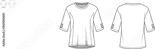 T-shirt sketch, curved hem, sleeve patch detail, high-low silhouette, fashion flat, garment design, clothing template, apparel illustration, vector outline, casual style