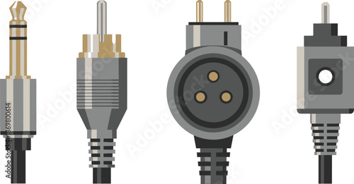  Set of 5 audio connector plugs flat illustration headphone jack rca connector xlr plug and optical cable.