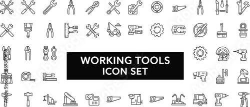 Working tools icon set, hand tools and industrial equipment, black and white line vector illustration, technical and mechanical theme