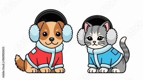 Two cartoon animals, a dog and a cat, wear winter clothes and earmuffs for cold weather
