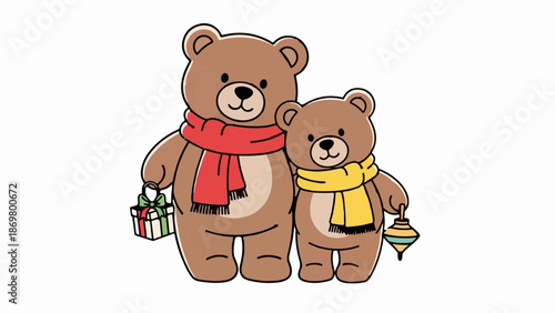 Two cartoon bears, one large and one small, stand close together wearing scarves and holding gifts