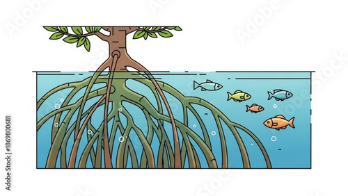 Mangrove tree with long roots underwater and colorful fish swimming around it in clear blue ocean water