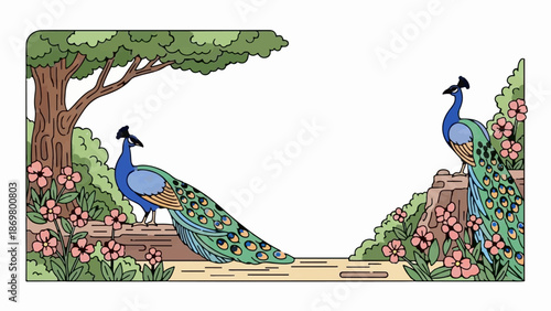 Two peacocks display their colorful plumage in a serene garden setting with trees and flowers