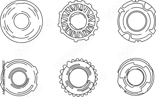 Outline illustration set of 6 washer types flat washer spring washer fender washer and tooth washer