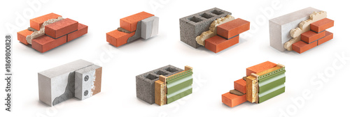 Brick Wall with Thermal Insulation Layer and Mortar Cross Section