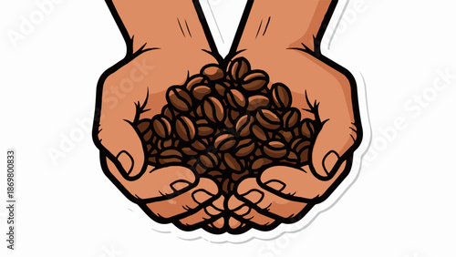 Two cupped hands hold a pile of roasted coffee beans, isolated on white