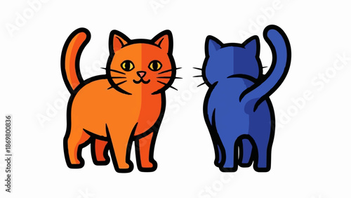 Two cartoon cats, one orange facing forward, the other blue facing away