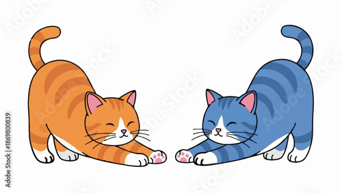 Two cartoon cats, one orange tabby and one blue tabby, stretching out their paws with eyes closed