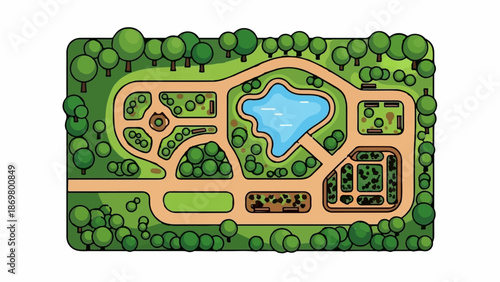 Top-down view of a stylized park with winding paths, a central pond, trees, and green spaces