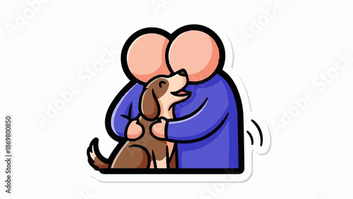 Two people embracing a happy dog with their arms