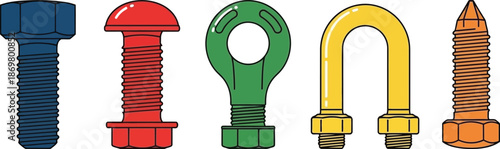 Set of 5 bolt types flat illustration hex bolt carriage bolt eye bolt u-bolt and lag bolt