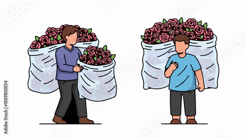 Two people carrying large bags filled with pink roses