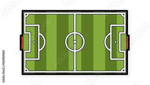 Top-down view of a simplified, cartoonish soccer field with green turf and white markings