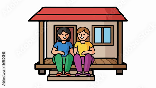Two people happily sitting on a porch in front of a small house