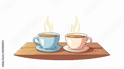 Two cups of steaming coffee sit on a wooden surface