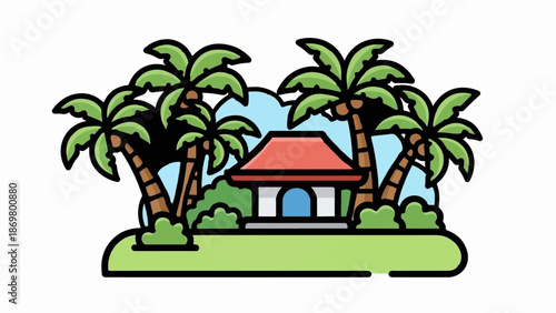 Tropical island scene with palm trees and a simple dwelling