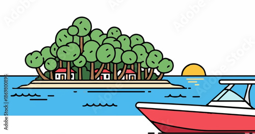 Tropical island with lush trees, small houses, and a boat near a sunset