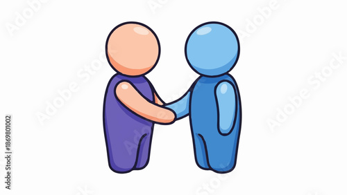 Two cartoon figures, one peach, one blue, shake hands amicably