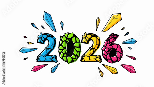 Vibrant 2026 numbers with crystal shards bursting outwards in a celebratory explosion