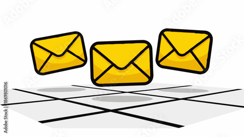 Three yellow envelopes float above a tic-tac-toe grid