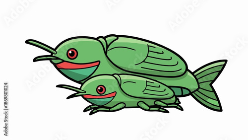 Two cartoon fish, one larger than the other, are facing left