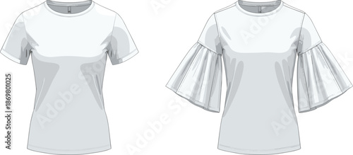 T-shirt sketch, flared sleeves, basic tee, fashion flat, sleeve comparison, garment design, clothing outline, apparel template, vector illustration, style contrast