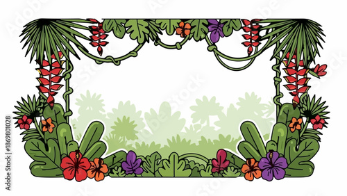 Tropical jungle border with vibrant flowers and lush foliage