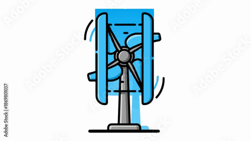 Vertical axis wind turbine with blue fins and grey rotor