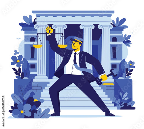 A lawyer stands before a courthouse holding scales of justice and a gavel