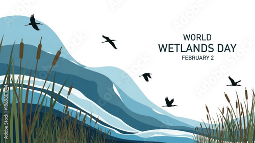 World wetlands day illustration with birds flying over a serene landscape with water and cattails