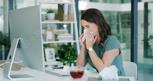 Foto Sick, blowing nose and woman in office with tea, ease congestion or antioxidant benefit for allergy season
