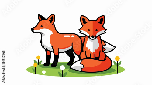 Two cartoon foxes, one standing and one sitting, amidst simple grass and flowers