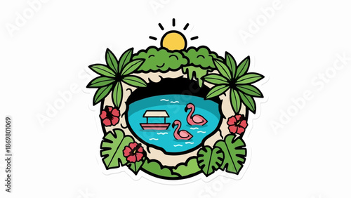 Tropical scene with flamingos and a boat under a sunny sky