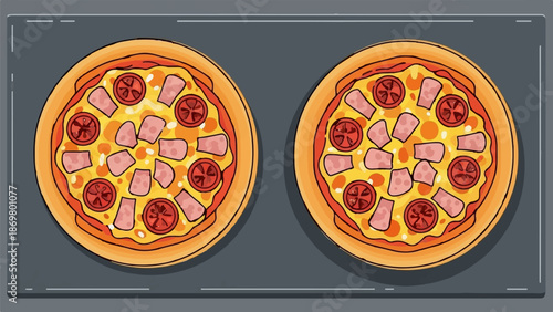 Two delicious, stylized pizzas with ham and tomato toppings on a dark surface