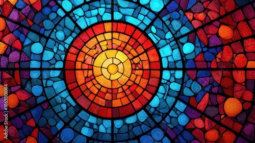 vibrant stained glass window with a circular design and colorful mosaic
