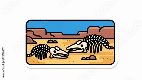 Two dinosaur skeletons unearthed in a desert landscape with brown rocks and blue sky