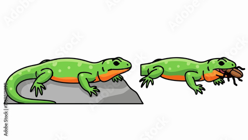 Two cartoon green lizards, one on a rock, the other eating a beetle