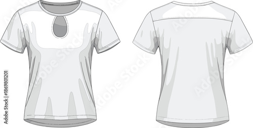 T-shirt sketch, keyhole neckline, raglan sleeves, curved hem, fashion flat, garment design, clothing template, apparel illustration, vector outline, feminine detail