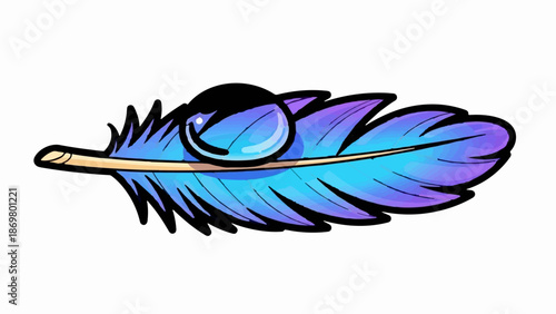Vibrant blue and purple feather with a dewdrop on its shaft